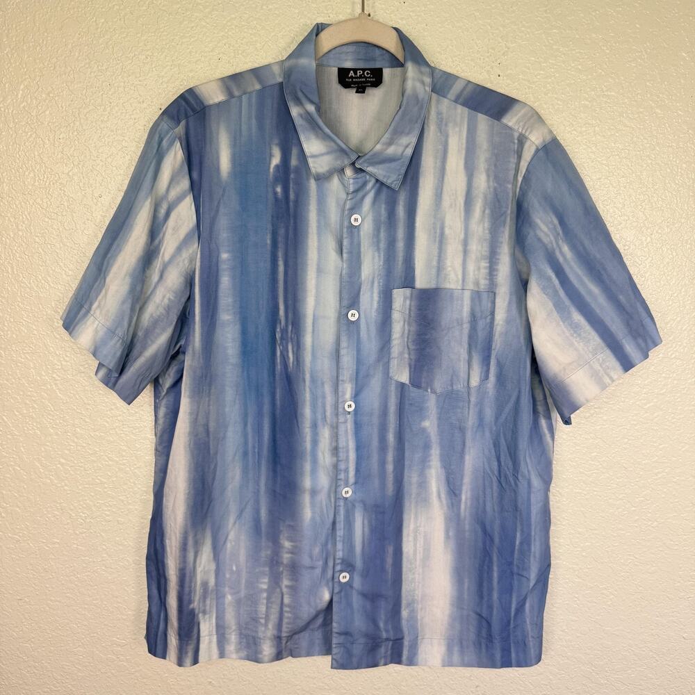 A.P.C. Joseph Shirt Mens XL Blue Tie Dye Stripe Button Up Short Sleeve Cotton